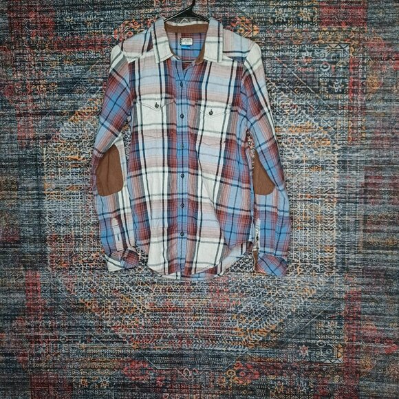 Kavu womens blue rust white plaid corduroy flip an elbow patch flannel shirt XS - Picture 1 of 9